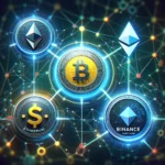 Логотипи Ethereum, Binance Smart Chain та Solana на фоні цифрової блокчейн-мережі