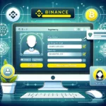 Сучасна ілюстрація процесу реєстрації та верифікації аккаунту на Binance з елементами форми реєстрації та перевірки особистості.