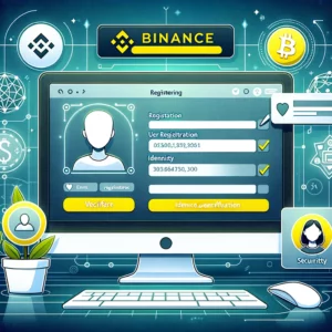 Сучасна ілюстрація процесу реєстрації та верифікації аккаунту на Binance з елементами форми реєстрації та перевірки особистості.