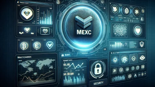 DALL·E 2024-05-29 14.19.37 - A detailed image featuring the MEXC cryptocurrency exchange interface, highlighting key features like trading charts, market listings, and security ic