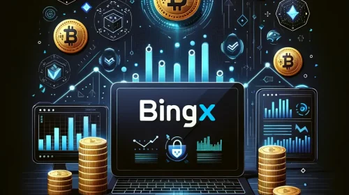 DALL·E 2024-06-05 11.36.51 - Create a main image for an article about the BingX cryptocurrency exchange. The image should have a dark theme, featuring the BingX logo prominently.